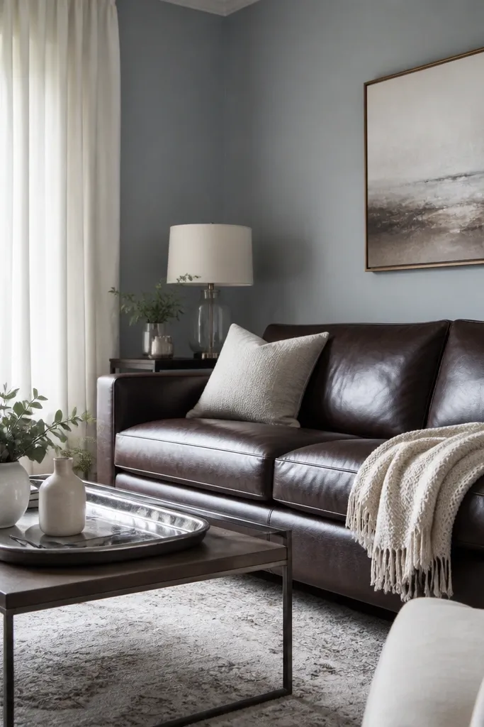 Soft blue-gray walls beside a dark espresso leather sofa; the room has white curtains, a silver tray, and a light rug with gray and cream.