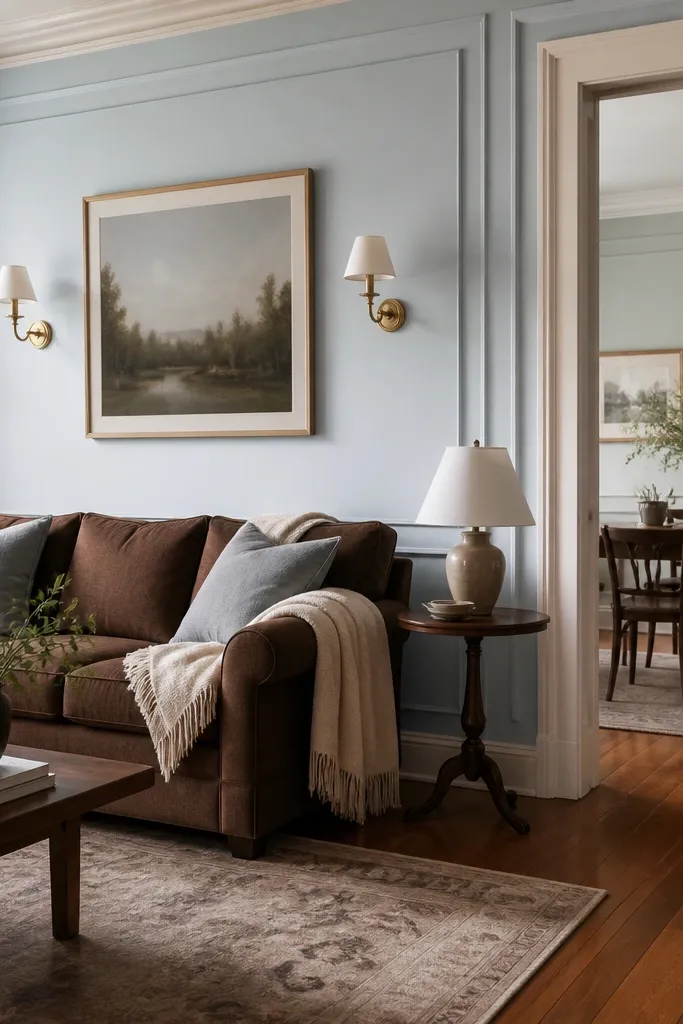 Powder blue tinted walls with warm brown wooden flooring, a brown fabric sofa, and white molding with brass sconces.