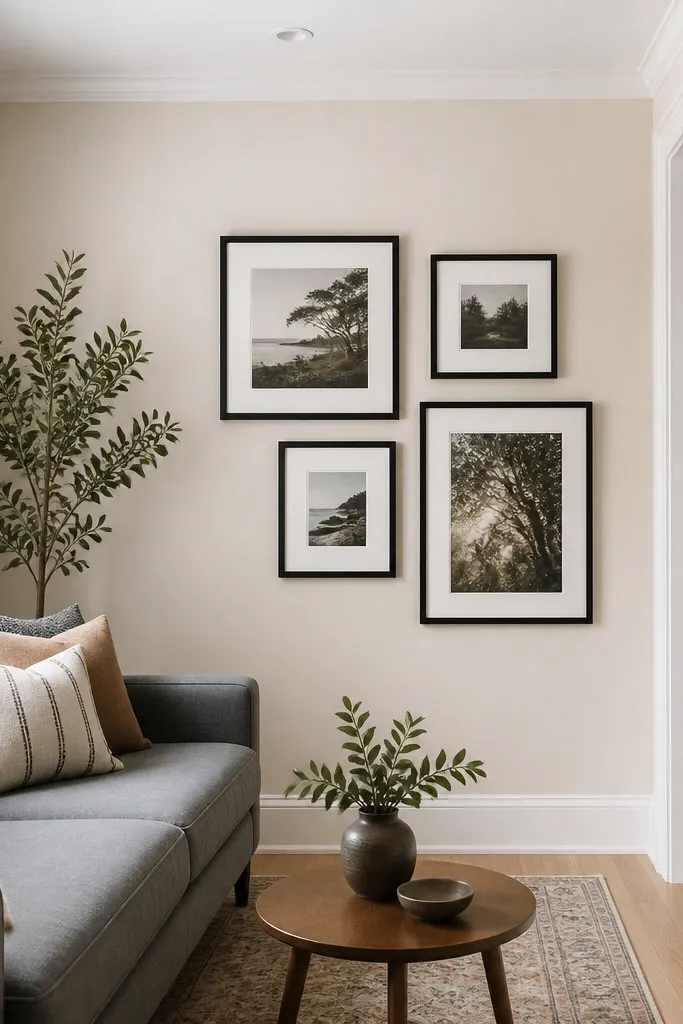 A small living room corner with warm creamy off-white walls, a bright clean-white ceiling and trim, and a light oak floor; a gray sofa sits opposite a small gallery wall with black frames.