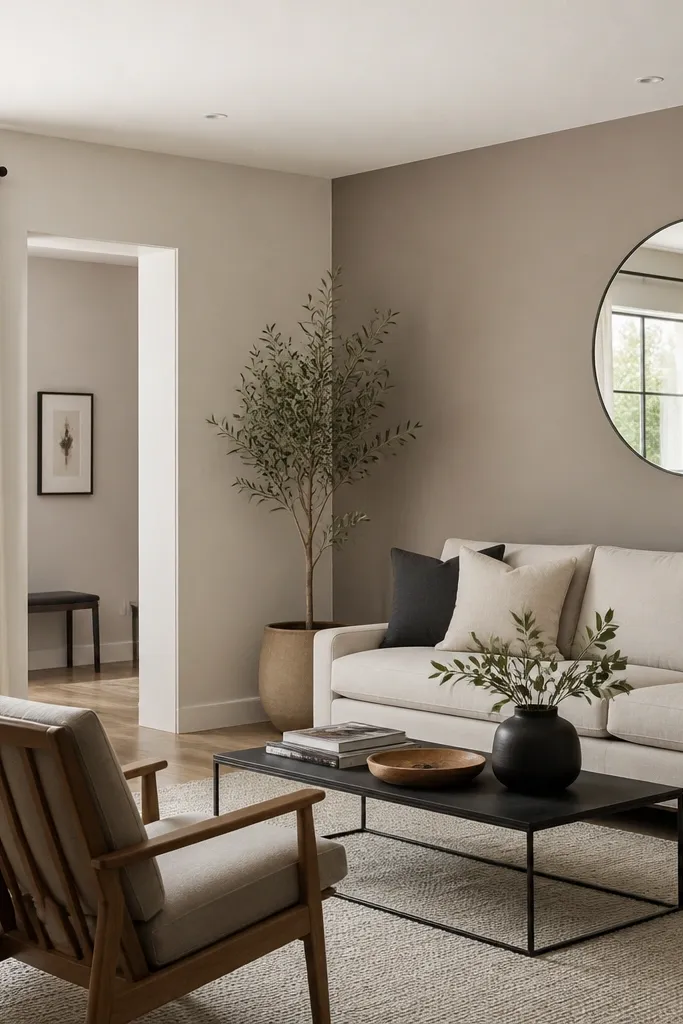 A living room with pale greige walls, one taupe accent wall behind a sofa, and a white ceiling; a round mirror with a thin black frame hangs near the accent wall.