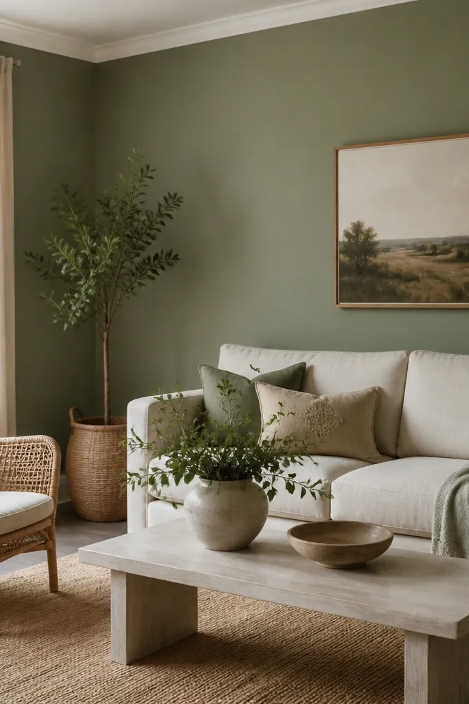 A small living room with muted sage green walls, white ceiling trim, a light rattan chair, and a whitewashed wood coffee table; greenery sits in a ceramic pot.