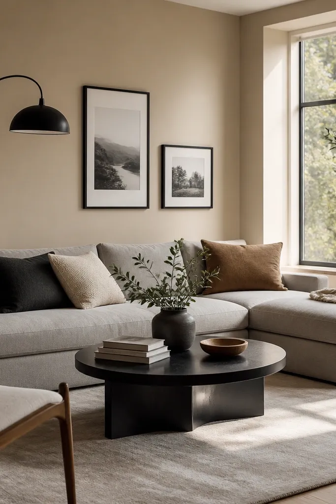 A living room painted warm sand beige with black metal floor lamp, black picture frames, and a light gray sectional; a large window lets in daylight.