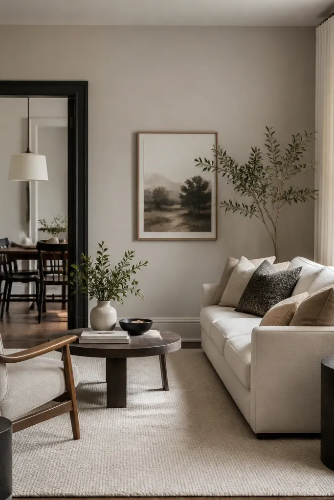 A small living room where the main walls are light greige, and the doorway trim or interior door frame is painted charcoal; a white rug and cream curtains brighten the space.