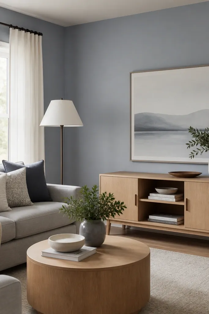 A compact living room with soft blue-gray walls, linen white curtains, and a pale gray sofa; a light wood media console sits against the wall.