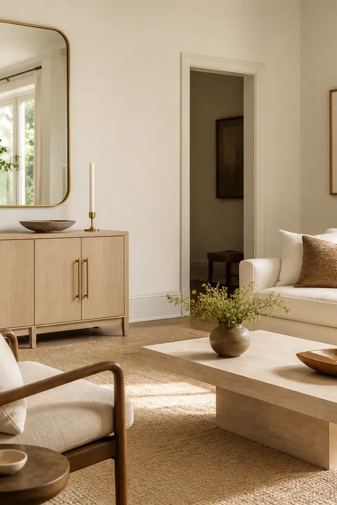 A living room with oat milk off-white walls, a light wood cabinet, brass handles, and a warm cream rug; a large mirror reflects daylight.