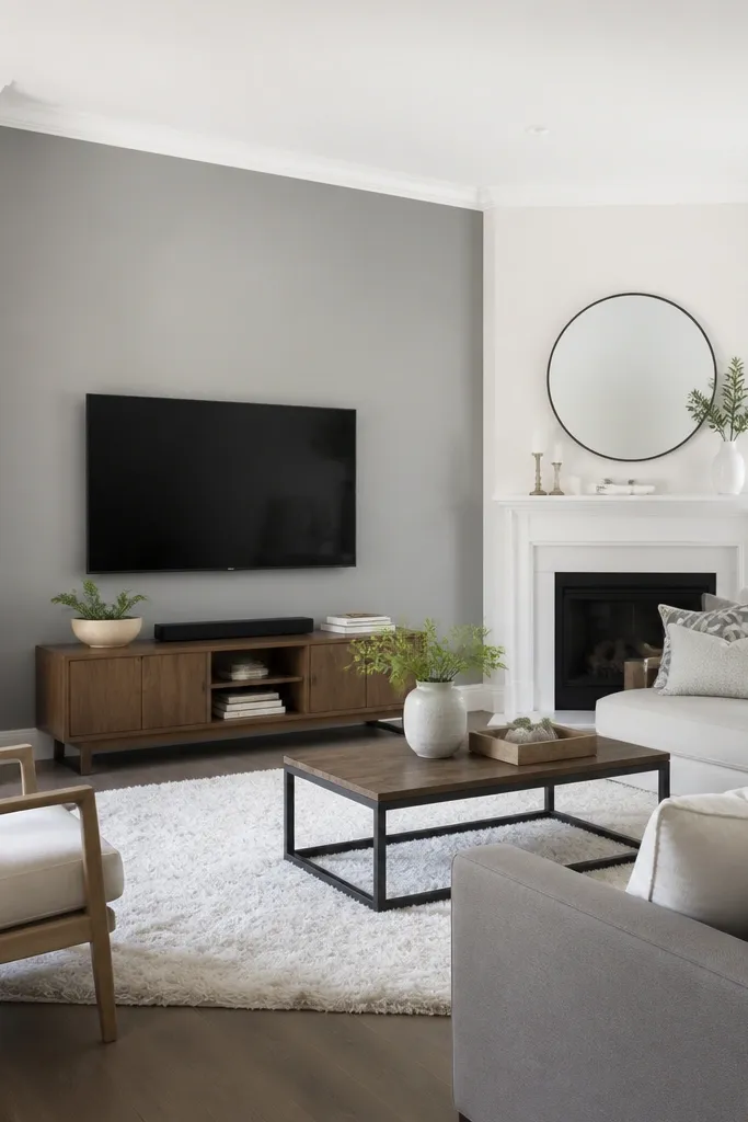 Walls painted soft white, with one wall in light gray behind a TV; the ceiling and trim are bright white and the room has a white shag rug.