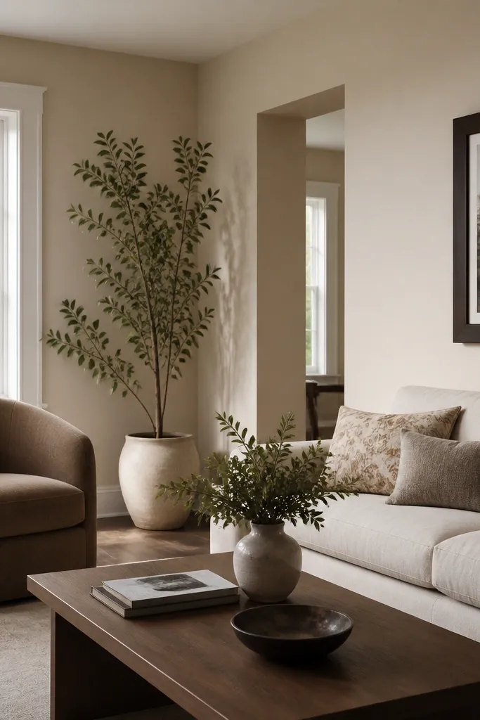A living room with warm white walls tinted slightly beige, a mushroom-colored accent chair, and a dark espresso picture frame; the window trim is crisp white.
