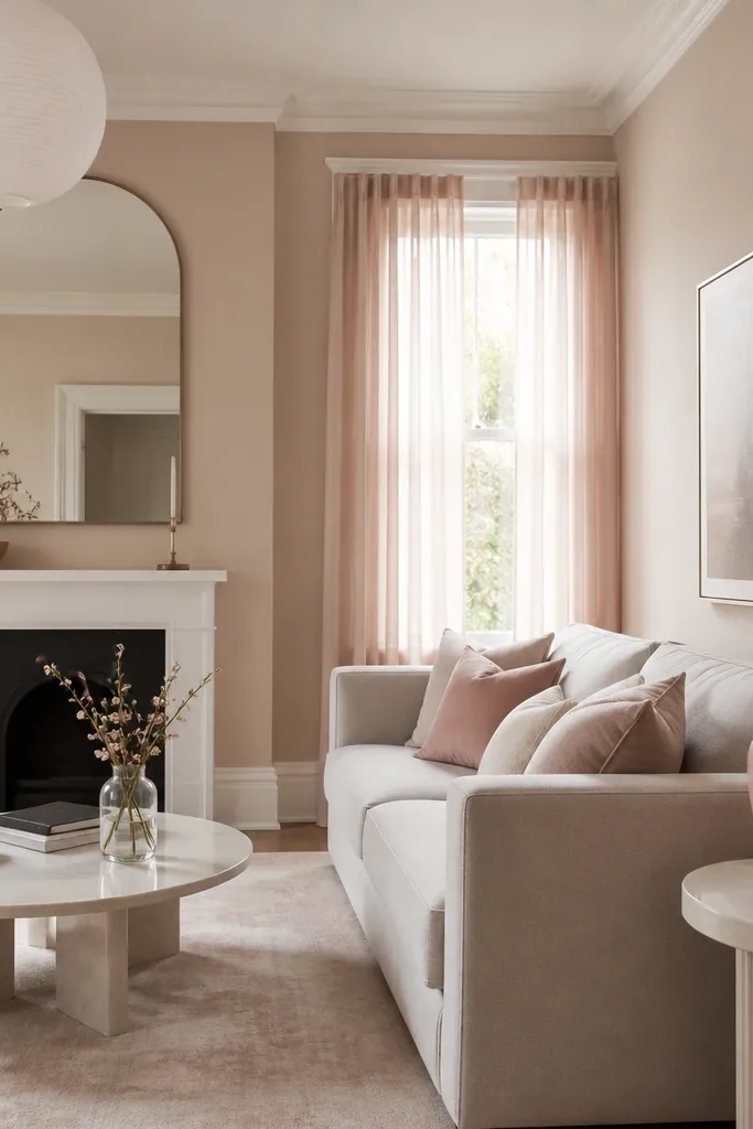 A small living room with pale rose-beige walls, sheer blush curtains, a light gray sofa, and white trim; a blush-toned ceramic vase sits on a side table.