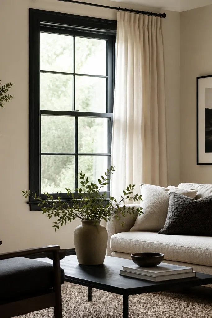 Living room with light mushroom walls, black-painted window trim, and a light cream curtain; a black-and-white framed print hangs beside the window.
