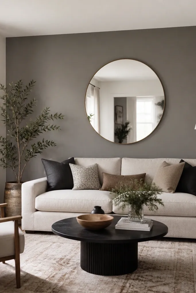 A small living room with off-white walls and one French gray accent wall behind a sofa; a large mirror with a thin frame hangs on the accent wall.