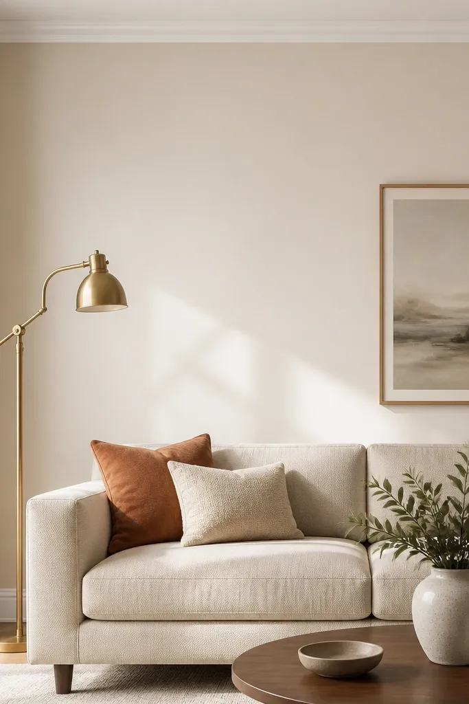 A living room wall painted a creamy off-white with warm undertones; a light beige sofa; brass floor lamp; white ceiling trim; soft daylight across the wall.