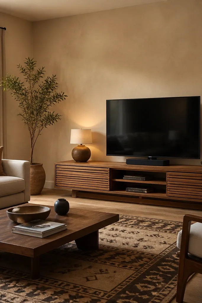 Walls in a sandy beige tone; a teak TV unit; a patterned rug with tan and dark brown; neutral curtains; warm indoor lighting.