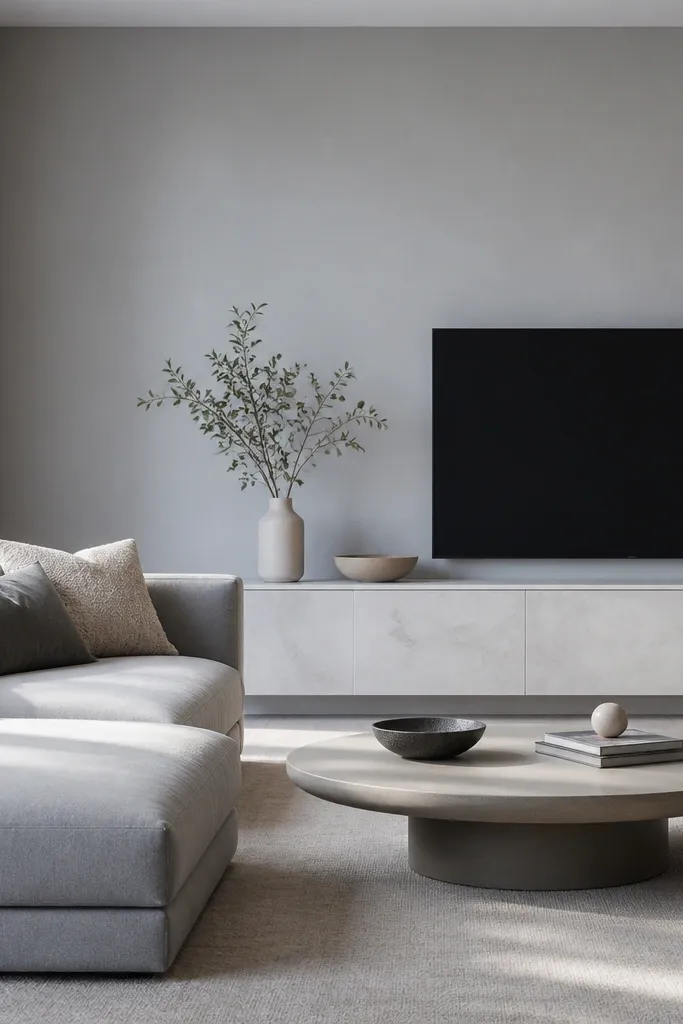 A soft greige wall with blue-gray hints; a light grey sofa; white marble-look TV console; minimal decor; daylight with cool shadows.