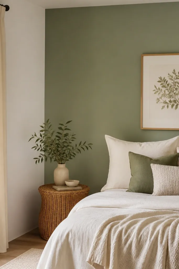 An airy sage green accent wall; white walls beside it; cream curtains; a rattan side table; soft leafy decor.