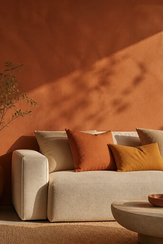 A terracotta clay accent wall; warm beige sofa; terracotta and ochre cushions; terracotta vase; warm sunlight across the wall.