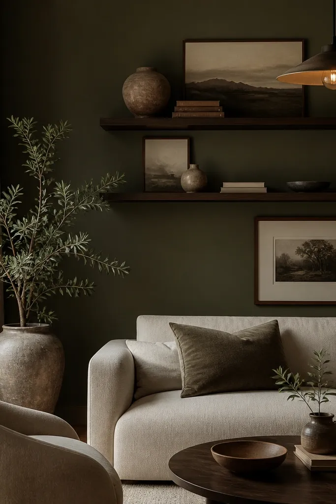 A deep olive green wall; dark wood shelves; framed art; warm pendant light; neutral upholstery.