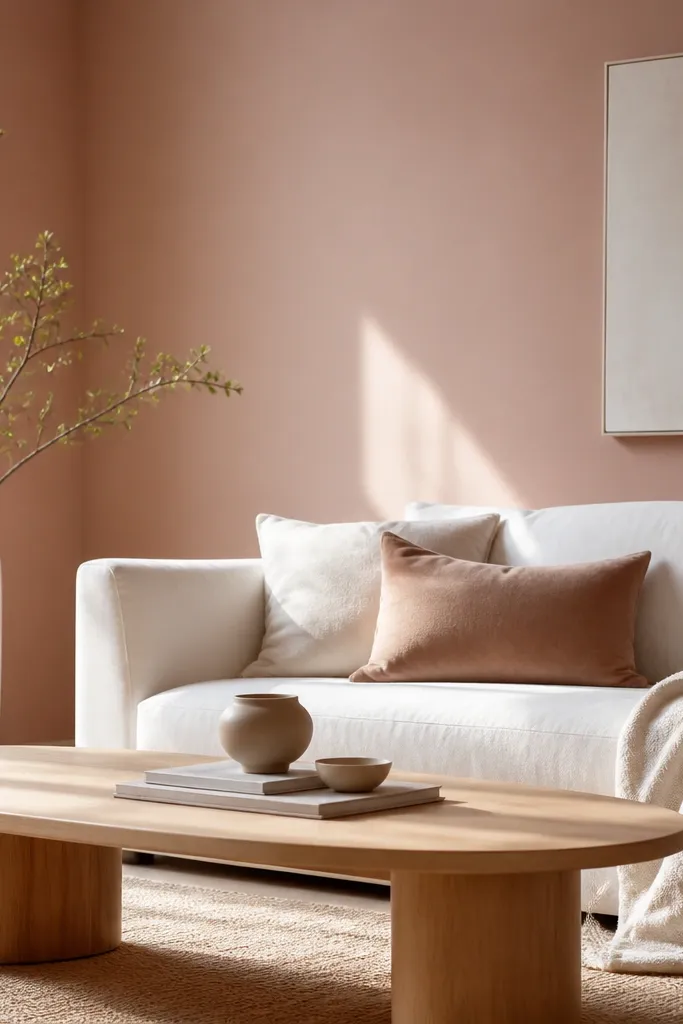 Dusty rose-pink walls; light wood coffee table; white sofa; minimal decor; natural window light.
