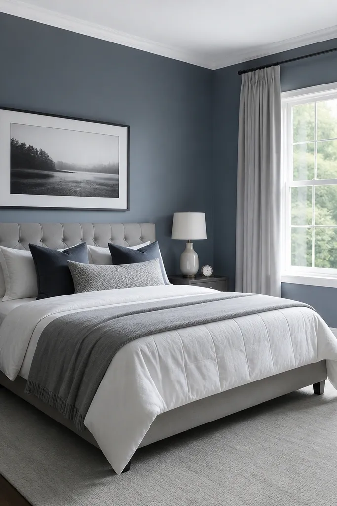 Blue-gray painted walls; white ceiling trim; light gray curtains; monochrome wall art; cool daylight.
