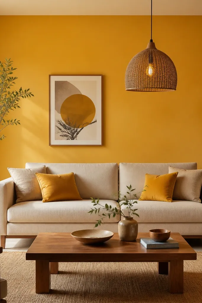 A marigold-butter yellow accent wall; neutral sofa in beige; cushions in mustard; wooden coffee table; warm pendant light.