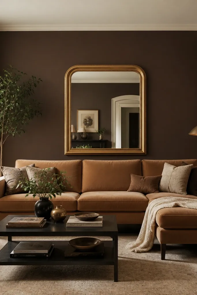 Chocolate brown walls; cream trim and ceiling; tan leather or fabric sofa; gold-framed mirror; warm lighting.