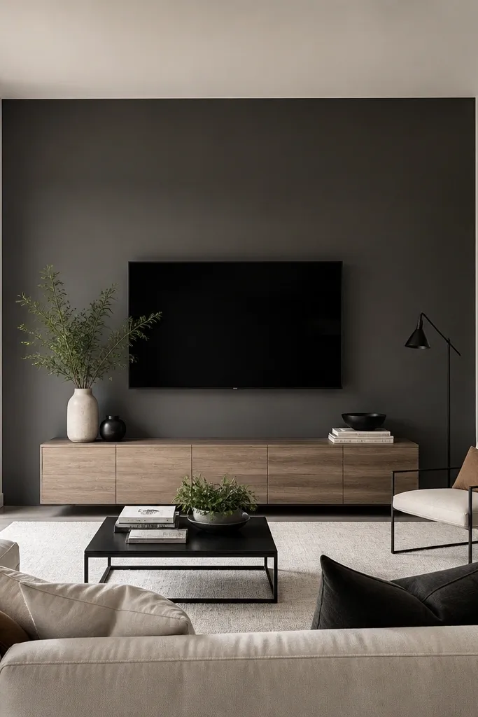 Charcoal gray accent wall behind the TV; white walls on sides; black metal frames; light rug; clean lines.
