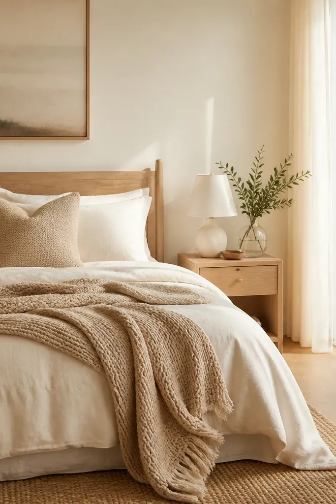 Walls in warm off-white; ivory curtains; light wood furniture; subtle sunlight creating a gentle glow.
