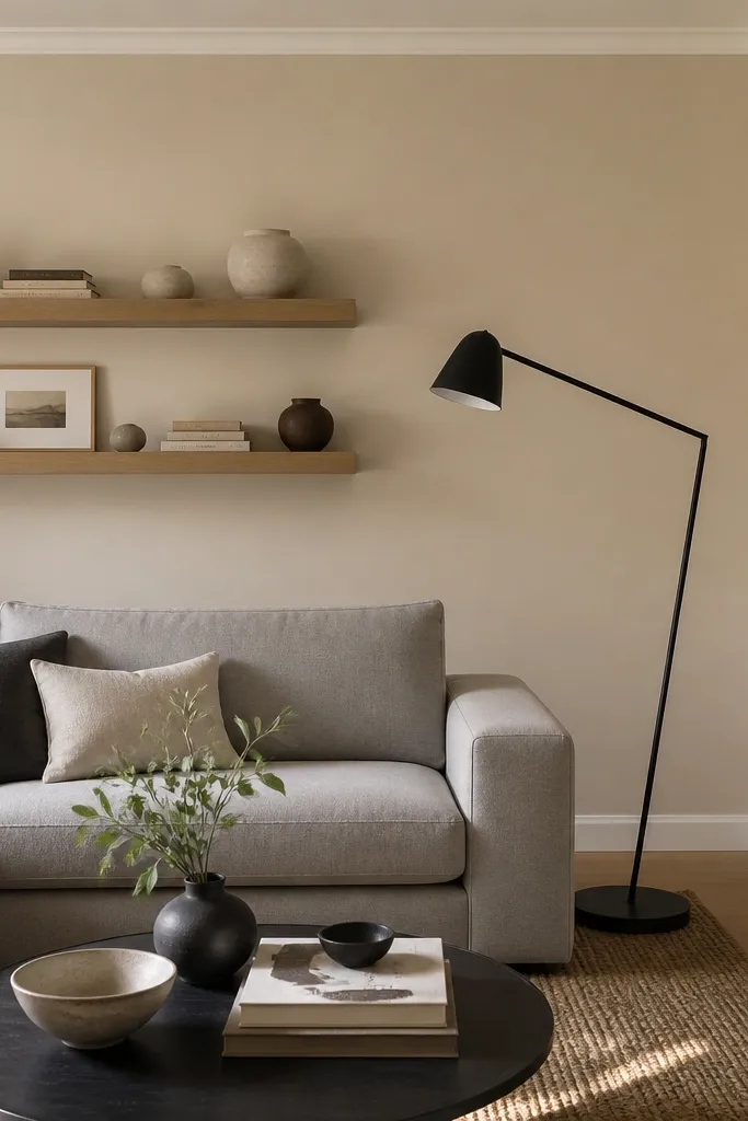 A living room wall painted a soft creamy beige with a single bright warm-white trim line around the ceiling and baseboard; light oak shelves hold neutral ceramics, and a light gray sofa sits opposite a black metal floor lamp.