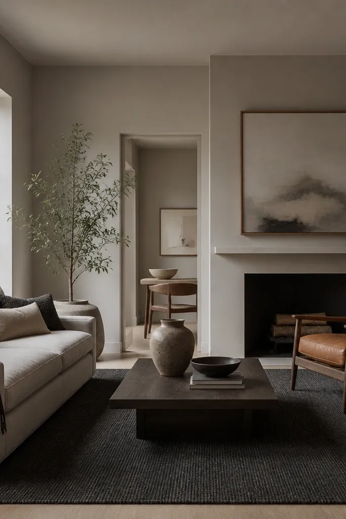 Walls are a medium greige with a slightly cool undertone; the ceiling is the same color but lighter by a shade; a charcoal rug anchors the space, and a tan leather chair adds warmth.