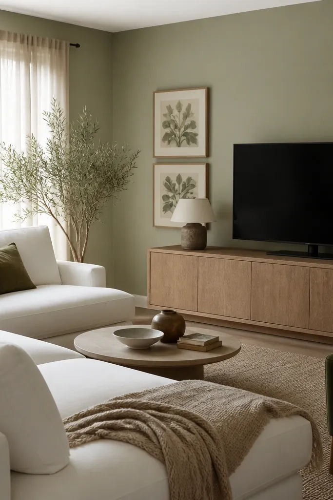 A living room with sage-green walls; a white sectional sits in front of a light wood media console; the window has sheer off-white curtains, and there are two framed prints with muted botanical tones.