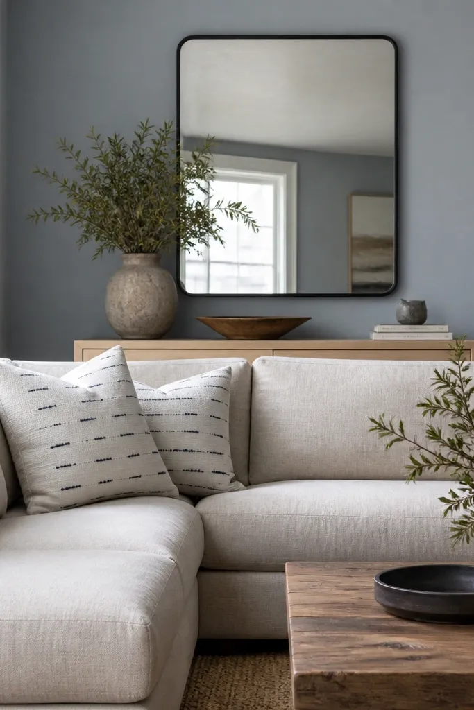 Walls are a dusty blue-gray; the sofa is oatmeal linen; throw pillows are white with small navy lines; a black-framed mirror hangs above a console with pale wood.