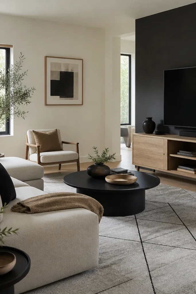 Three walls are a pale warm white; one wall behind the TV is charcoal. The TV sits on a light oak console, and the room has a large area rug in light gray with black geometric lines.