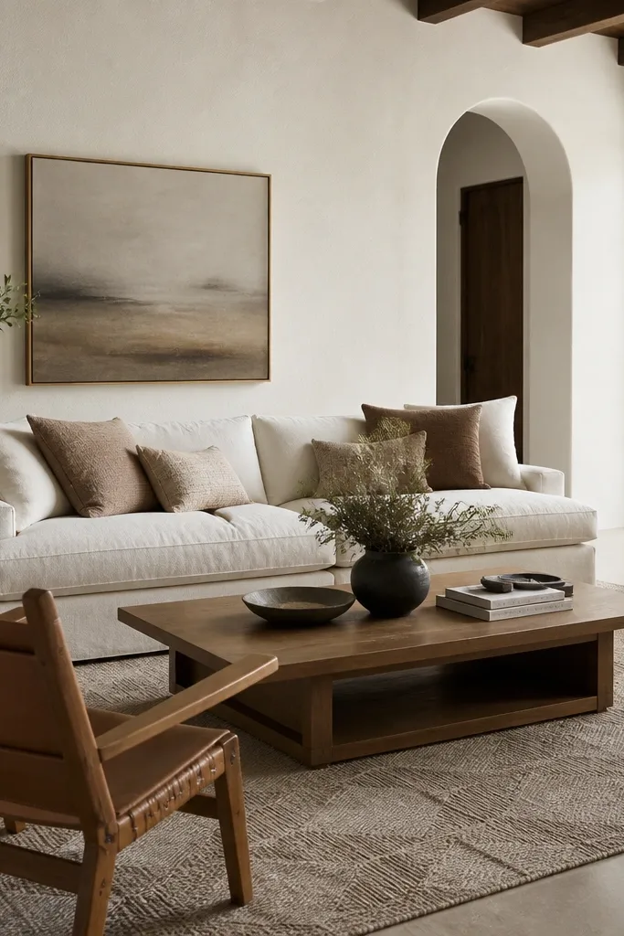 Walls are a creamy warm white with a slightly textured, chalky appearance; the room has a white sofa, tan leather accents, and a big woven rug with subtle pattern.