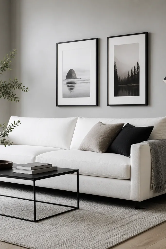 Walls are a pale cool gray; black metal picture frames and a black floor lamp stand out. A white sofa with a gray throw sits on a light-toned wood floor.