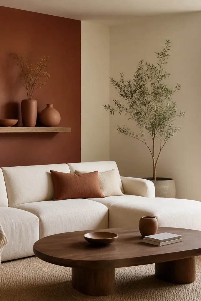 One wall is muted terracotta, the other walls are soft cream. The room has a cream sofa, a walnut coffee table, and terracotta ceramics on a shelf.