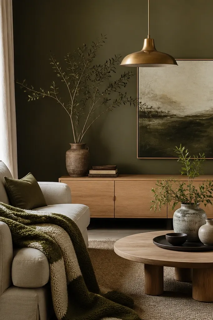 Olive green walls, with a light wood media console and a large olive-and-cream throw. A brass pendant light hangs over a coffee table with stoneware vases.