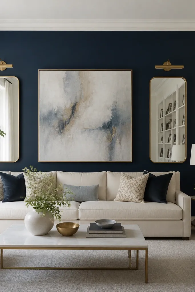 A deep navy wall behind a sofa; the rest of the room is off-white. Brass picture lights and a brass-framed mirror sit on either side of a large abstract painting.