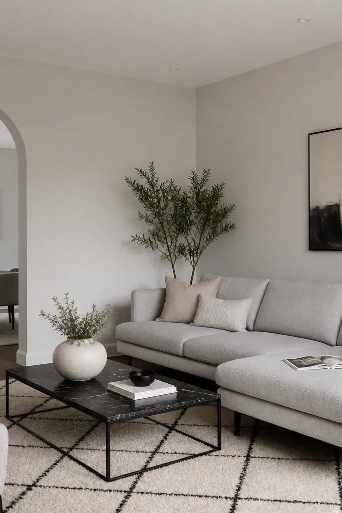 Walls are a creamy white with a grayish cast; the ceiling is slightly lighter. Furniture is modern and low, in light gray fabric, with dark legs and a black rug pattern.