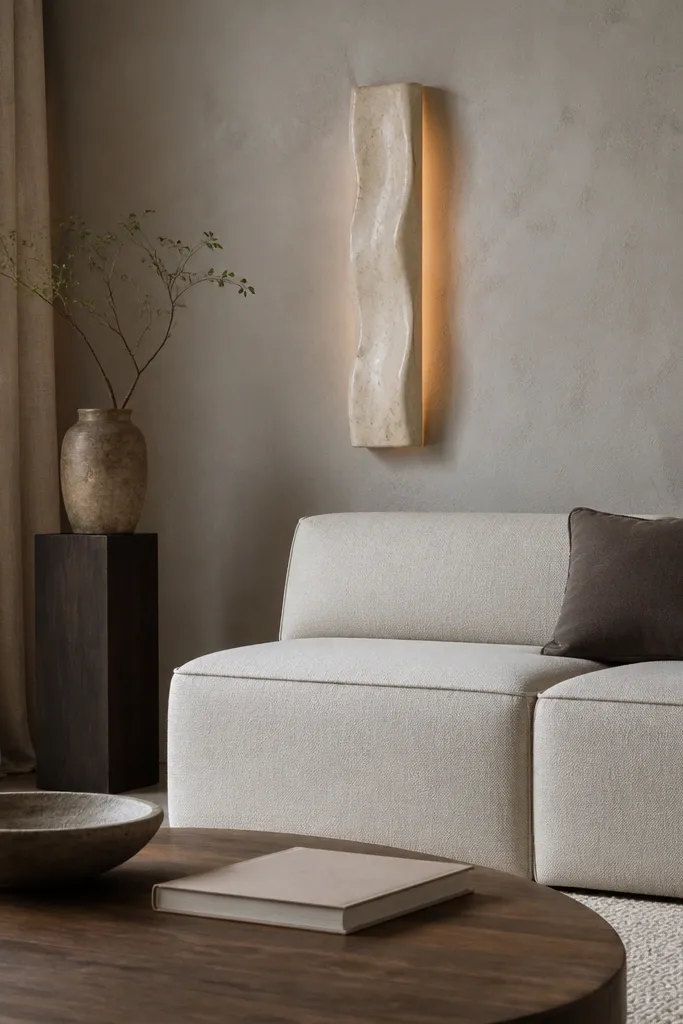 Walls are warm gray with subtle texture, like a plaster finish; a neutral sofa and a large sculptural wall sconce sit against it. The room has thick curtains in oatmeal and a light rug with looping fibers.