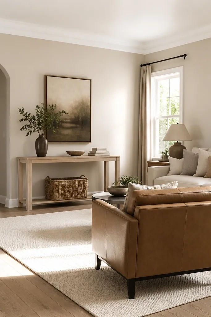A living room with putty-colored walls (warm beige-gray), bright white crown molding and baseboards, and a light oak sofa table. A large off-white rug sits centered under a tan leather chair; sunlight shows the walls as creamy, not gray.