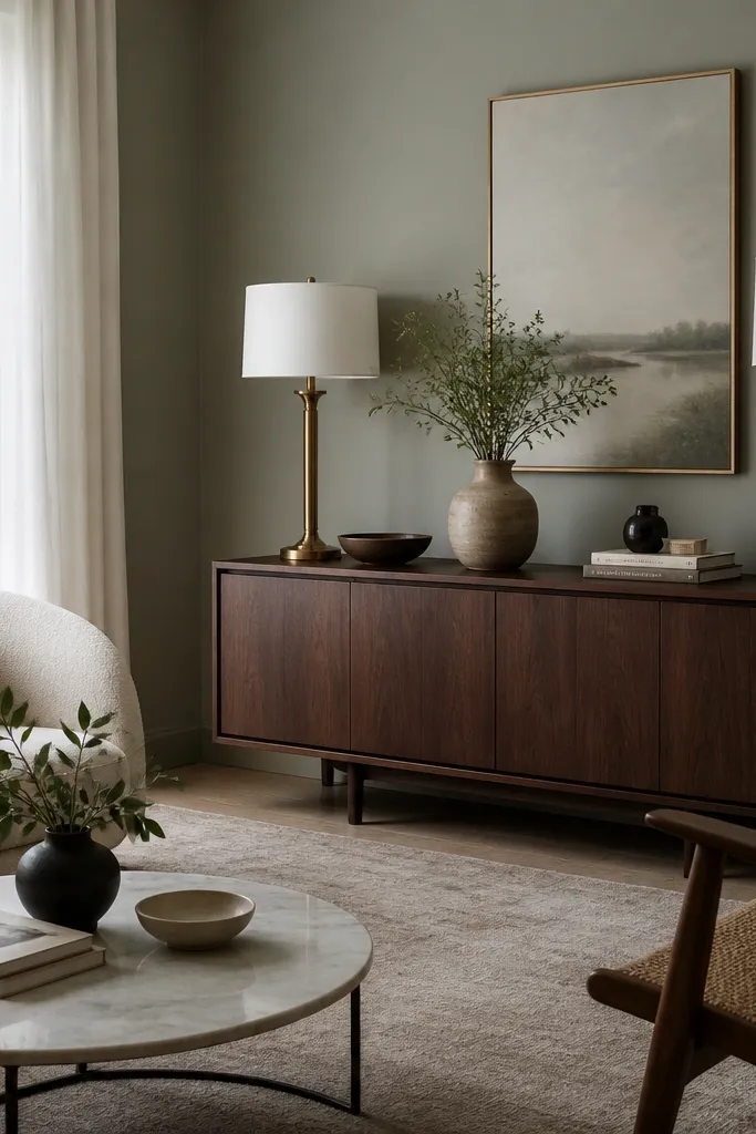 Walls painted a muted sage-gray. A dark walnut media console sits against the green wall. White sheer curtains filter daylight, and the room has brass lamp bases and a cream boucle sofa.