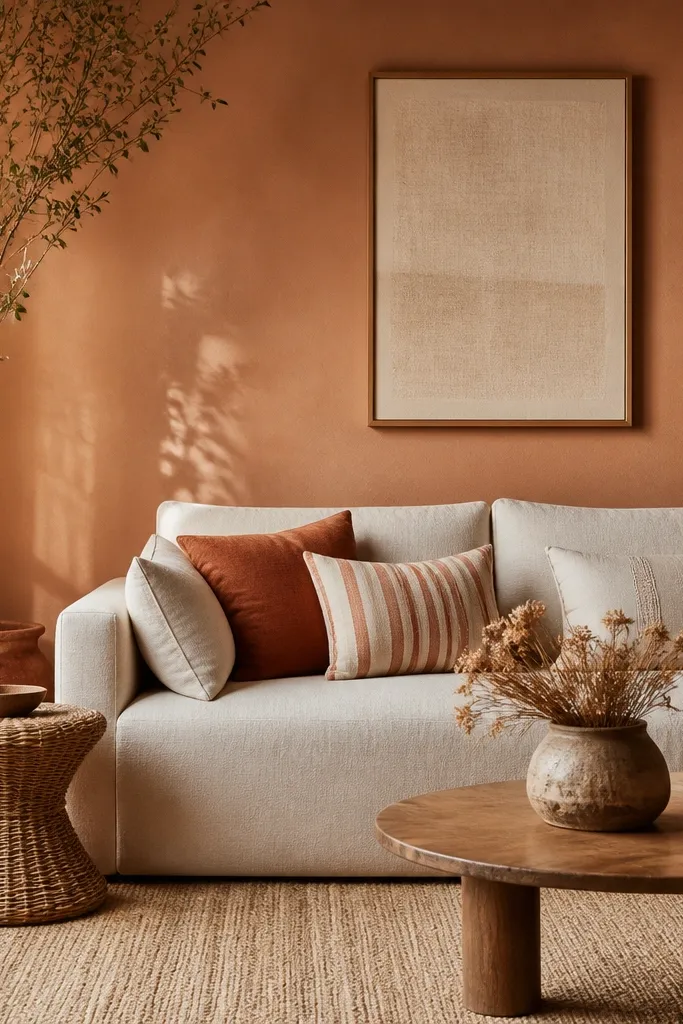 A living room with clay-colored walls (warm terracotta-beige). The sofa is a light linen color, there's a woven rattan side table, and the throw pillows include rust and cream stripes. Lighting is warm and the walls look matte and inviting.