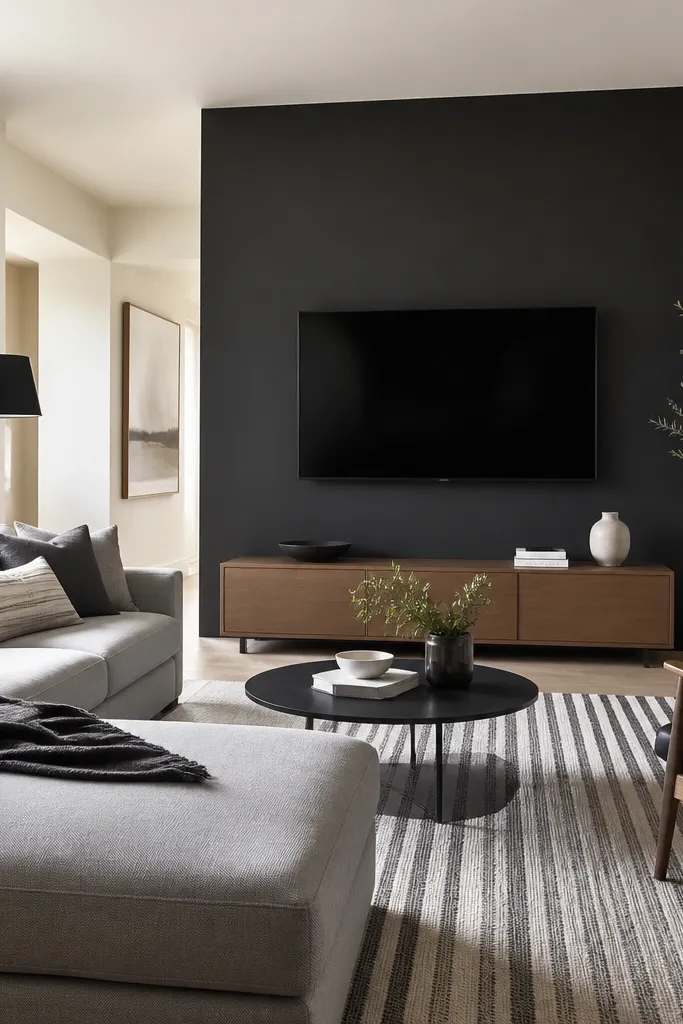 A single accent wall behind a flat-screen TV painted deep charcoal. The rest of the room is a warm off-white. There's a light gray sectional, a black metal floor lamp, and a rug with charcoal and cream stripes.