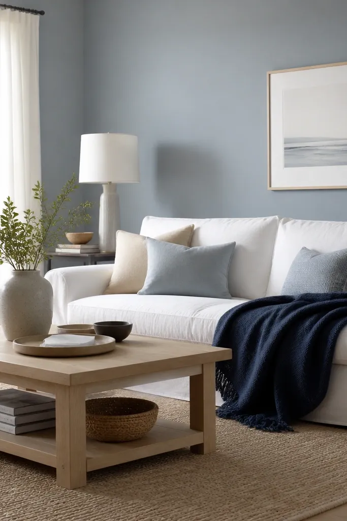 Living room walls in a soft blue-gray. A white slipcovered sofa, pale wood coffee table, and navy throw blanket create contrast. The room feels airy with daylight and minimal decor.