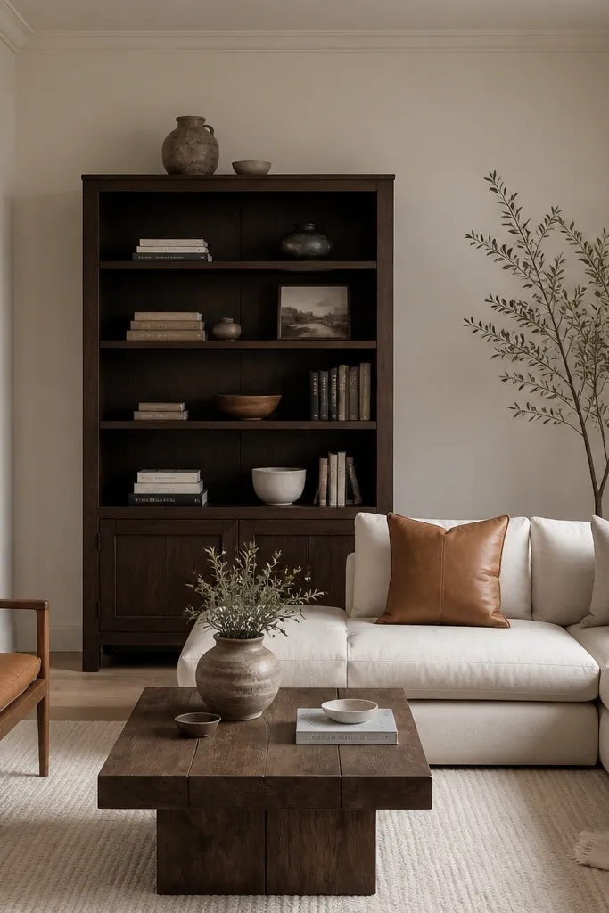 All-over creamy white walls with taupe undertone. The room has a dark wood bookshelf, an off-white rug, and caramel leather cushions. Light is even, and the walls look warm but not yellow.