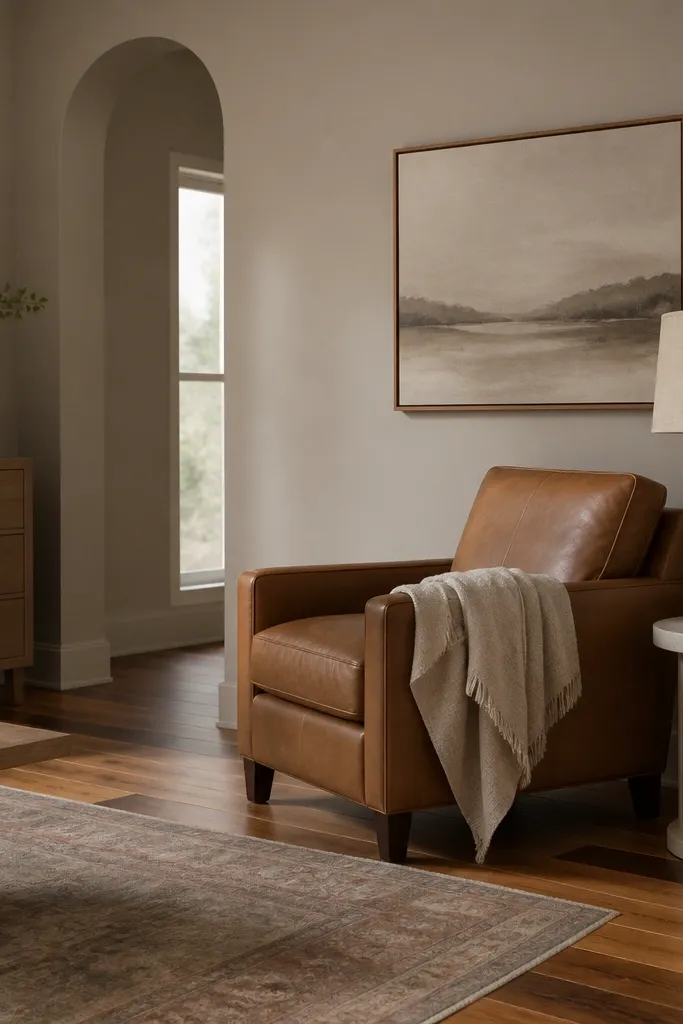 Walls in a mushroom-beige gray. The floor shows both honey oak and darker walnut pieces. Furniture includes a camel leather chair and a white ceramic lamp with a linen shade.
