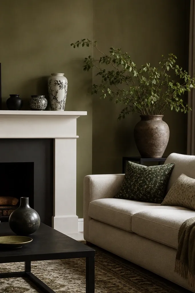 Olive-green walls with a slightly dusty finish. A white mantel shelf holds black-and-white ceramics. There's a sofa in oatmeal fabric, and the room has dark bronze accents and a patterned rug with olive threads.