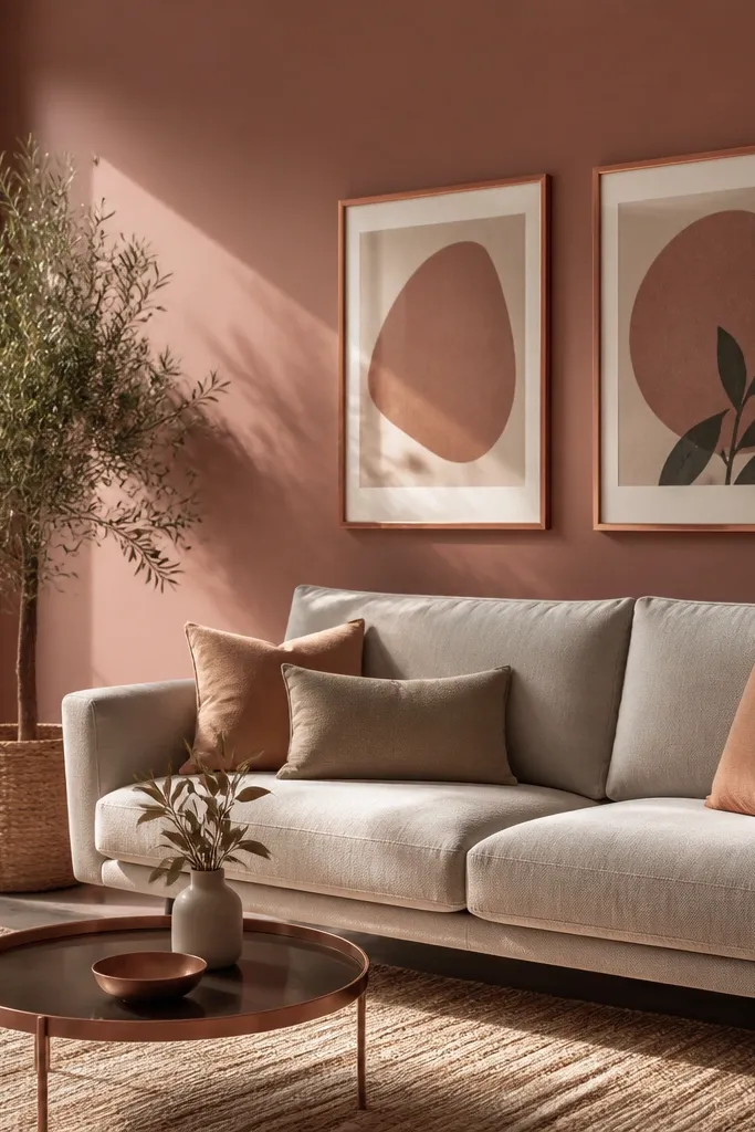 Walls painted a muted terracotta rose (pink-brown). A light gray sofa sits in front of the wall, with a woven rug in cream and tan. Copper art frames catch light near a window.
