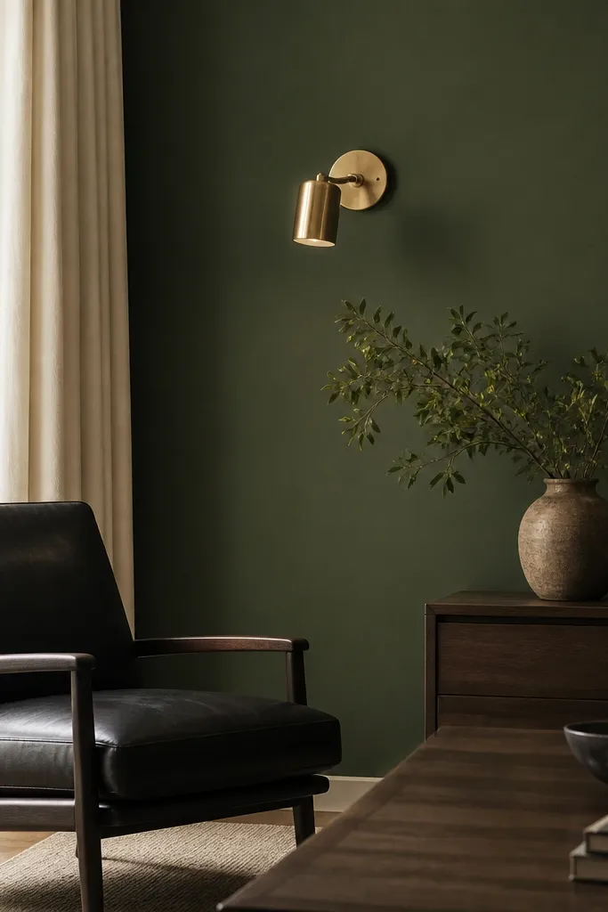 A deep forest green feature wall with a matte finish. A brass sconce mounts on the wall. The room has a black leather chair, cream curtains, and a dark wood coffee table.