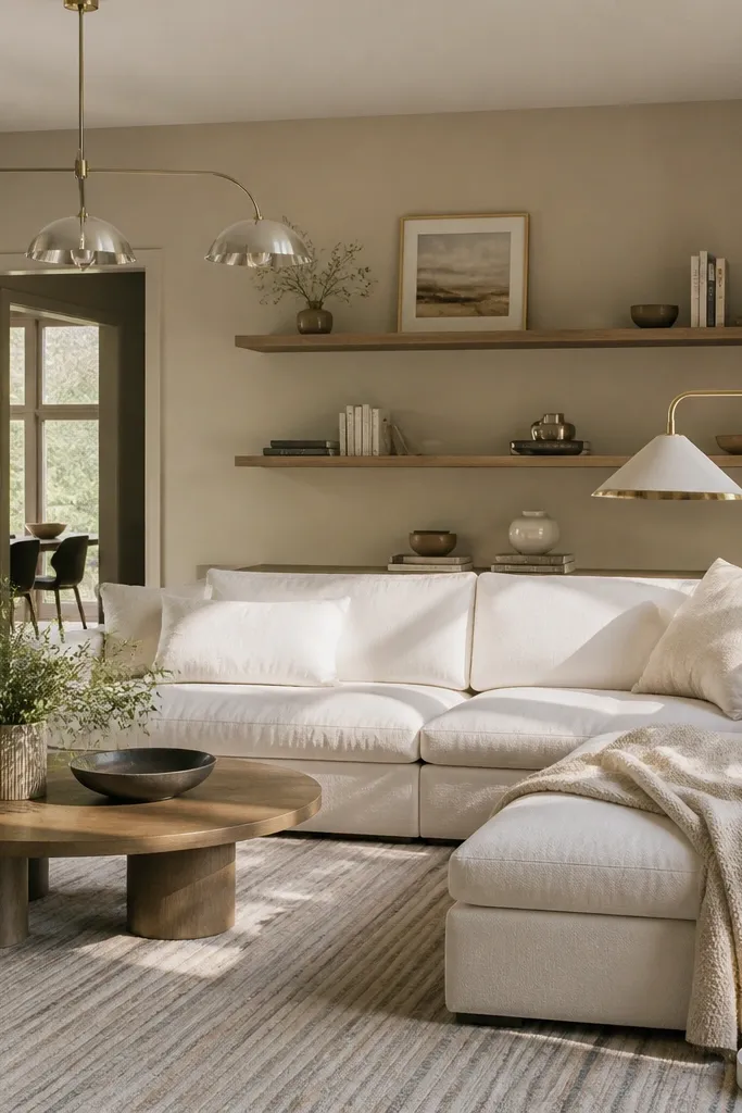 Walls in warm gray that reads beige under sunlight. The room has a white sectional, oak shelves, and a rug with beige and gray stripes. Chrome and brass mix in the lighting fixtures.