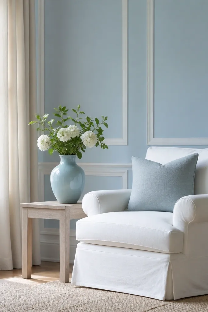 Powder blue walls with white trim. A white slipcovered chair, a light wood side table, and a pale blue ceramic vase sit near a window with linen curtains.